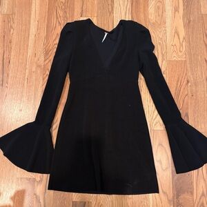 Free People Black Long-Sleeve V-Neck Dress with Flared Bell Cuffs